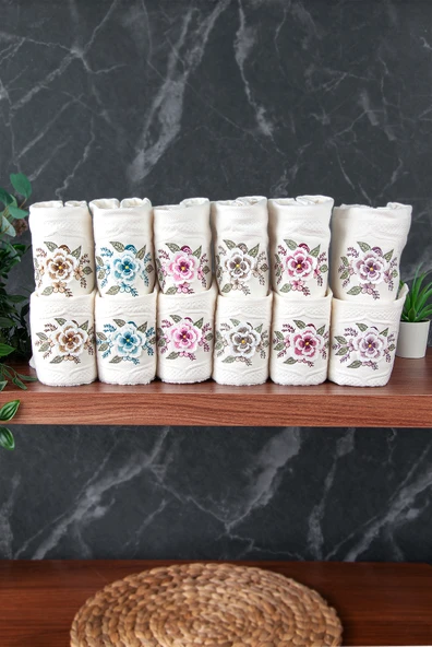 %100 Pamuklu 3D Çiçek İşlemeli 12 li Analı Kızlı Çeyizlik Havlu Seti 50x90 cm - 00030 - Resim 2