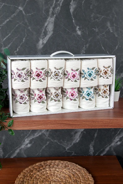 %100 Pamuklu 3D Çiçek İşlemeli 12 li Analı Kızlı Çeyizlik Havlu Seti 50x90 cm - 00030 - Resim 4