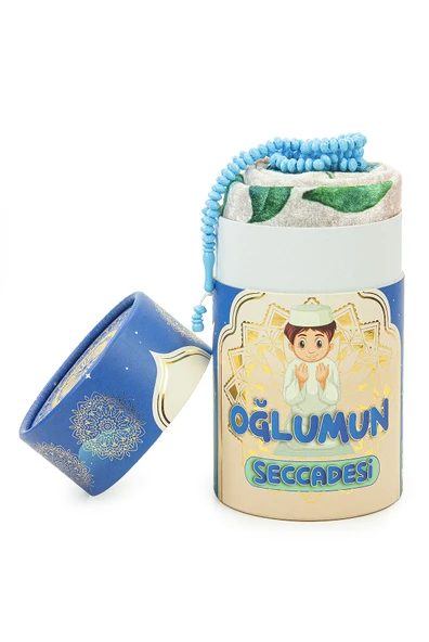 İsme Özel Nakışlı Çocuk Seccadesi Seti Silindir Kutulu Tesbihli Mavi - Resim 3