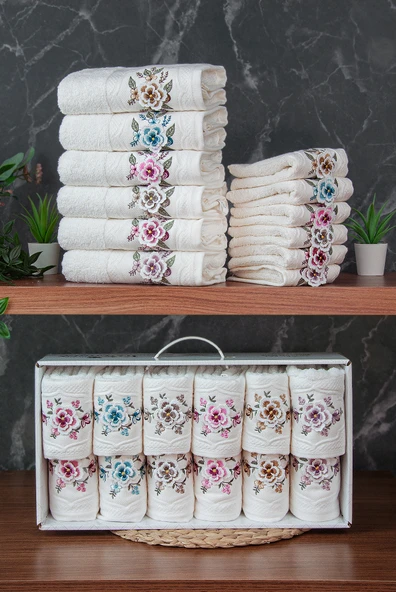 %100 Pamuklu 3D Çiçek İşlemeli 12 li Analı Kızlı Çeyizlik Havlu Seti 50x90 cm - 00030 ürün görseli 1