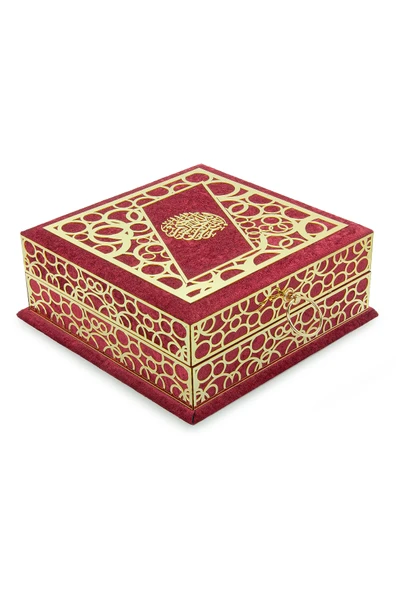 Sandıklı Kadife Kaplı Kuranı Kerim Seccade Seti - Şal, Tesbih, Takke - Bordo - Resim 2