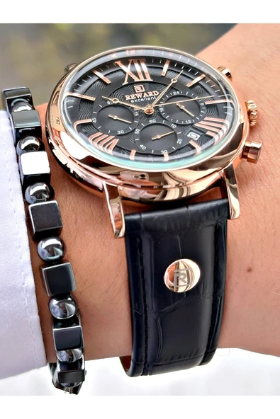 Reward Siyah Renk Deri Kordon Roma Rakamlı Orjinal Kilit Fonksiyonlu Erkek Kol Saati + BİLEKLİK HEDİYELİ - Resim 5