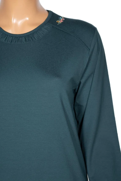 Cimariva Kadın Meyra Büyük Beden O Yaka Nakışlı Koyu Turkuaz Bluz - Resim 4