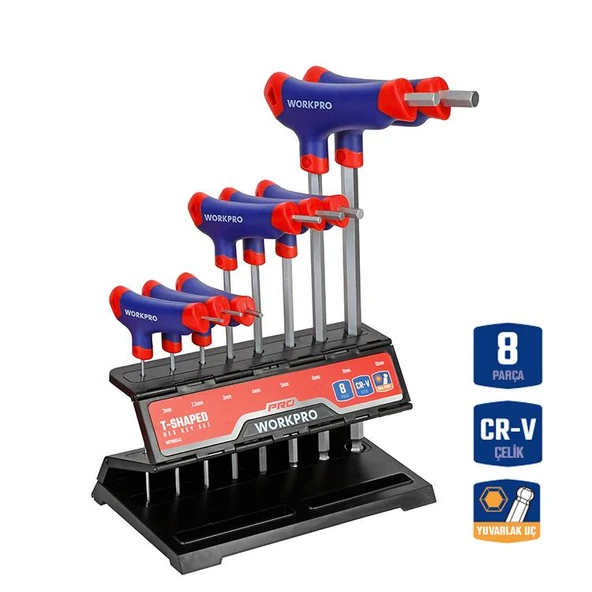 WORKPRO WP200542 8 Parça CR-V Top Başlı T Tipi Uzun Profesyonel Allen Anahtar Takımı ürün görseli