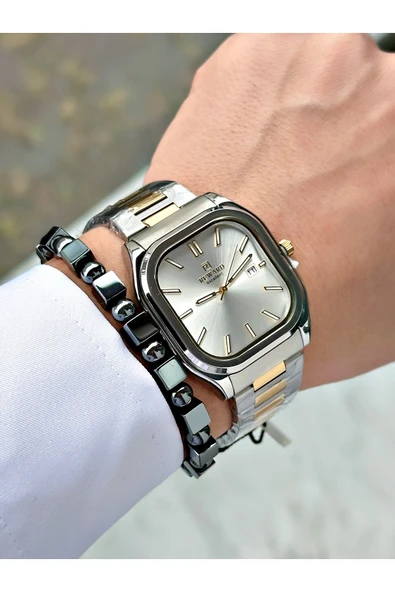 Reward Altın Gümüş Renk Klasik Kare Model Çelik Kordon Erkek Kol Saati + BİLEKLİK HEDİYELİ - Resim 3