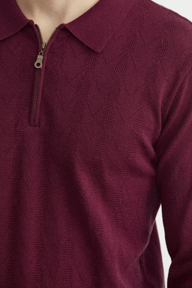 Fermuarlı Polo Yaka Triko Kazak - Bordo - Resim 4