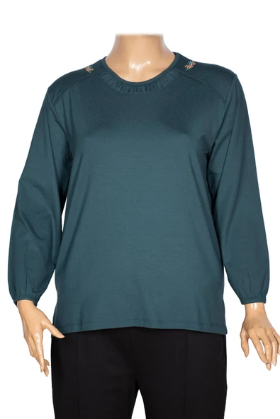 Cimariva Kadın Meyra Büyük Beden O Yaka Nakışlı Koyu Turkuaz Bluz - Resim 3