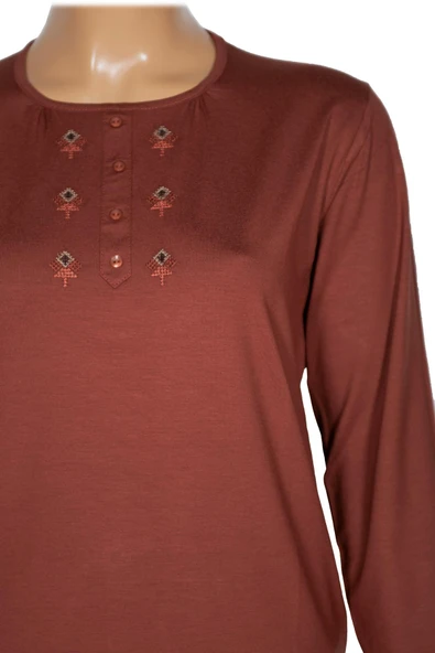 Cimariva Kadın Neşe Büyük Beden O Yaka Robası Nakışlı Taba Bluz - Resim 2