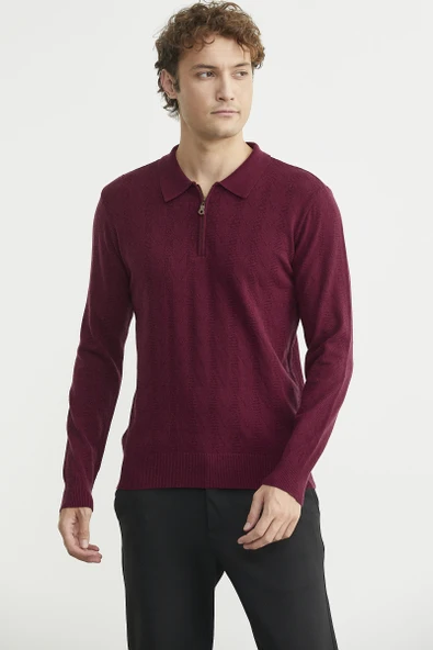 Fermuarlı Polo Yaka Triko Kazak - Bordo - Resim 2