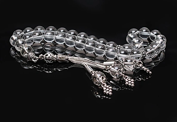 Gerçek Kristal Kuvars Taşı Tesbih-Küre Kesim Tesbih-Gümüş Malzemeli Tesbih-33'lük Tesbih-Orijinal Doğal Taş Tesbih - Resim 5