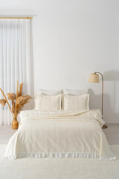 Esila Ekru Fırfırlı Çift Kişilik Nevresimli Pike Seti - 7 Parça Çeyiz Seti - Resim 3