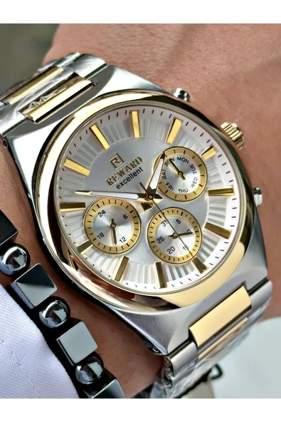 Reward Altın Gümüş Renk Fonksiyonlar Aktif Spor Çelik Erkek Kol Saati + BİLEKLİK HEDİYELİ ürün görseli 1