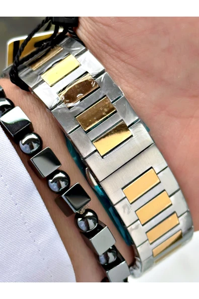 Reward Altın Gümüş Renk Klasik Kare Model Çelik Kordon Erkek Kol Saati + BİLEKLİK HEDİYELİ - Resim 5