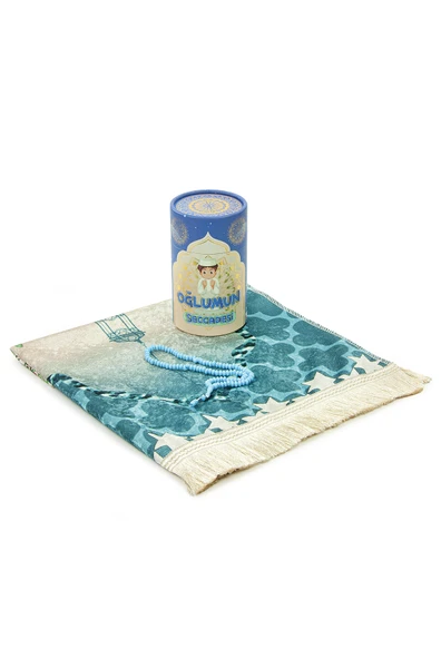 İsme Özel Nakışlı Çocuk Seccadesi Seti Silindir Kutulu Tesbihli Mavi - Resim 4