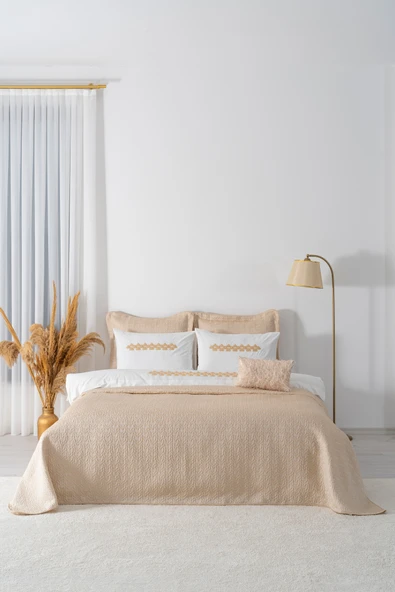 Parla Cappuccino Nakışlı Çift Kişilik Nevresimli Pike Seti - 8 Parça Çeyiz Seti - Resim 3