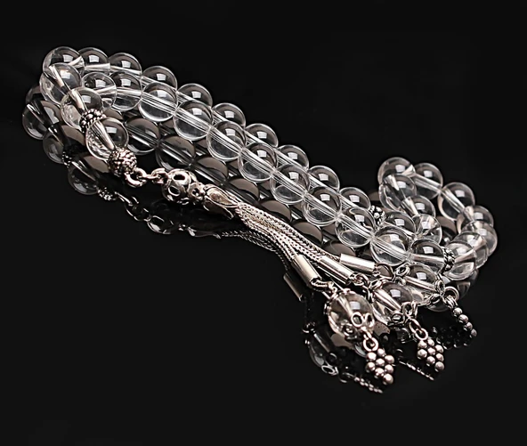 Gerçek Kristal Kuvars Taşı Tesbih-Küre Kesim Tesbih-Gümüş Malzemeli Tesbih-33'lük Tesbih-Orijinal Doğal Taş Tesbih - Resim 4