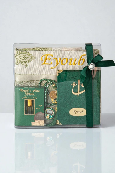 Hediyelik Kişiye Özel İsimli Seccade Seti - Yasin Kitabı, Tesbih, Zikirmatik, Esans - Yeşil ürün görseli 1