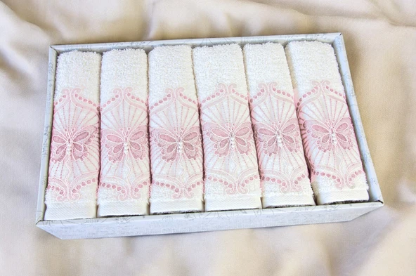 %100 Pamuklu, Hediyelik, Mevlüt ve Çeyizlik Lüks Kutulu Pembe Güpürlü 6'lı Havlu Seti - Resim 4