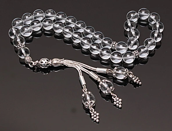 Gerçek Kristal Kuvars Taşı Tesbih-Küre Kesim Tesbih-Gümüş Malzemeli Tesbih-33'lük Tesbih-Orijinal Doğal Taş Tesbih - Resim 6