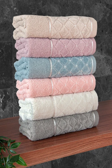 Jakarlı %100 Pamuklu 6'lı Lüks Kutulu Çeyizlik El Yüz Havlu Seti - 50x90 - 00050 - Resim 5