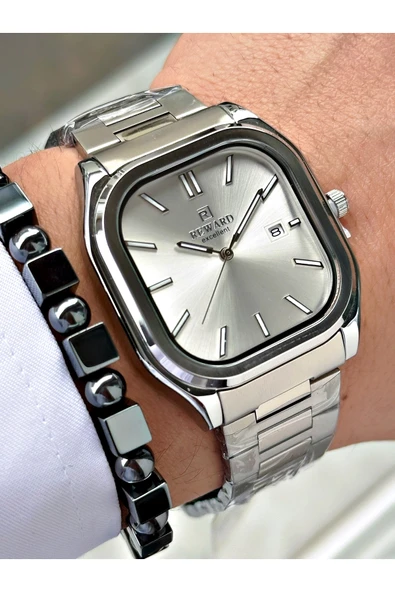 Reward Gümüş Renk Klasik Kare Model Çelik Kordon Erkek Kol Saati + BİLEKLİK HEDİYELİ - Resim 4