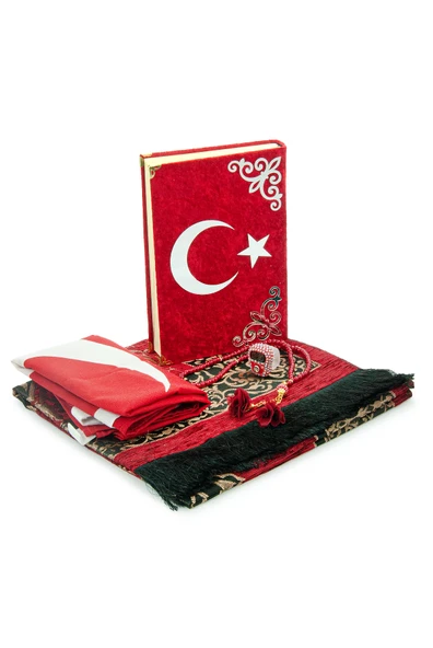Türk Bayraklı Kuranı Kerim Hediyelik Set – Kadife Kutulu, Bayrak, Seccade ve Tesbih - Resim 6