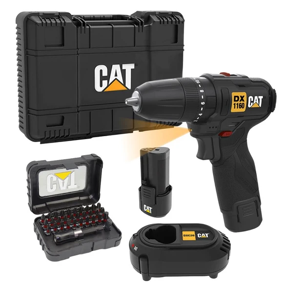 CAT DX1160 12Volt/2.0Ah Li-ion Çift Akülü Kömürsüz Profesyonel Şarjlı Darbeli Matkap + DA01901 32 Parça Aksesuar Seti ürün görseli