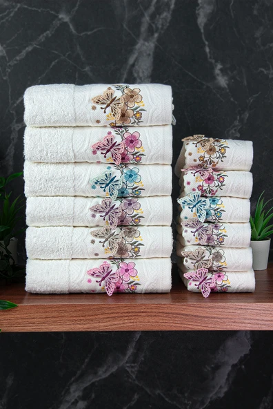 %100 Pamuklu 3D Kelebek İşlemeli 12 li Analı Kızlı Çeyizlik Havlu Seti 50x90 cm - 00030 - Resim 3