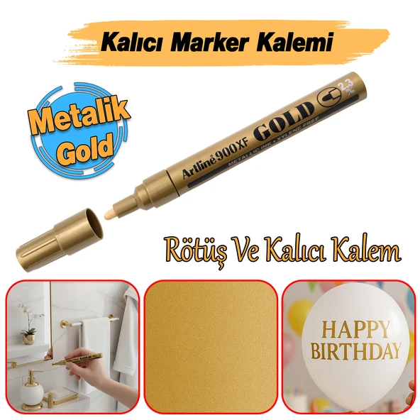 Metalik Yaldızlı Gold Renk Markör Kalemi Kalıcı Rötüş Yazı Marker Metal Plastik Cam Ahşap Tüm Yüzey - Resim 2