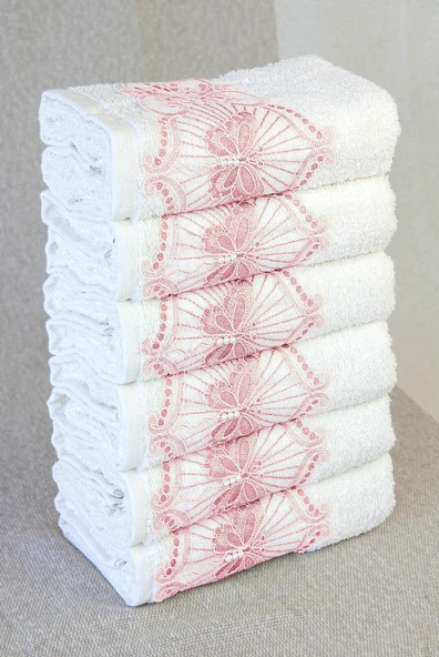 %100 Pamuklu, Hediyelik, Mevlüt ve Çeyizlik Lüks Kutulu Pembe Güpürlü 6'lı Havlu Seti - Resim 2