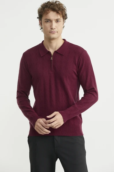 Fermuarlı Polo Yaka Triko Kazak - Bordo ürün görseli 1