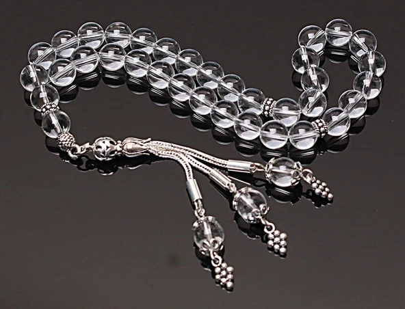 Gerçek Kristal Kuvars Taşı Tesbih-Küre Kesim Tesbih-Gümüş Malzemeli Tesbih-33'lük Tesbih-Orijinal Doğal Taş Tesbih - Resim 3