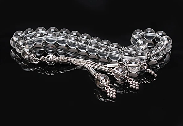 Gerçek Kristal Kuvars Taşı Tesbih-Küre Kesim Tesbih-Gümüş Malzemeli Tesbih-33'lük Tesbih-Orijinal Doğal Taş Tesbih - Resim 2