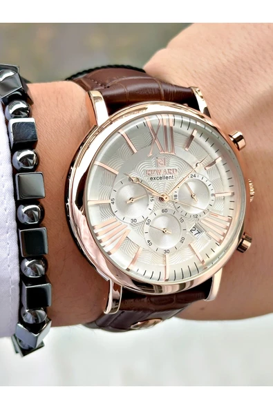 Reward Kahverengi Deri Kordon Roma Rakamlı Orjinal Kilit Fonksiyonlu Erkek Kol Saati + BİLEKLİK HEDİYELİ - Resim 3