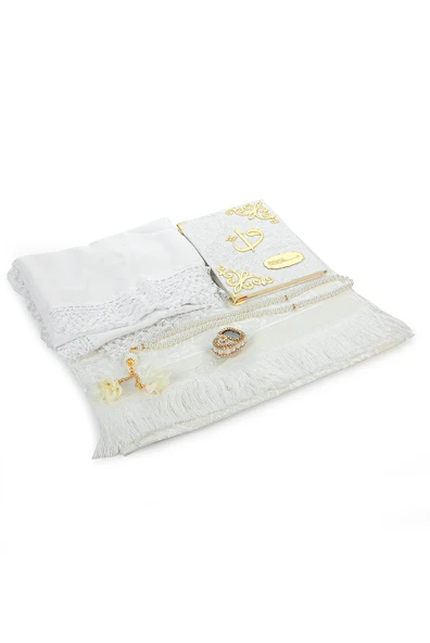 Mini Sandıklı Çeyizlik Gelin Bohçası Seccade Seti - Şal, Yasin Kitabı, Tesbih, Zikirmatik - Resim 5
