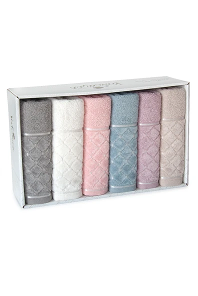 Jakarlı %100 Pamuklu 6'lı Lüks Kutulu Çeyizlik El Yüz Havlu Seti - 50x90 - 00050 - Resim 6