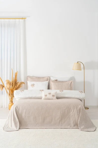 Palmiye Vizon Nakışlı Çift Kişilik Nevresimli Pike Seti - 8 Parça Çeyiz Seti - Resim 3