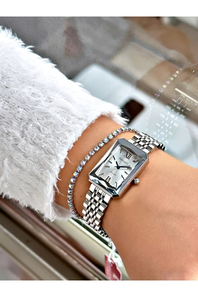Ferrucci Gümüş Renk Kesme Cam Şık Tasarım  Kadın Kol Saati + BİLEKLİK HEDİYELİ - Resim 2