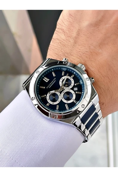 Navimarine Lacivert - Gümüş Renk Fonksiyonlu Çelik Kordon Erkek Kol Saati Bileklik Hediyeli - Resim 2