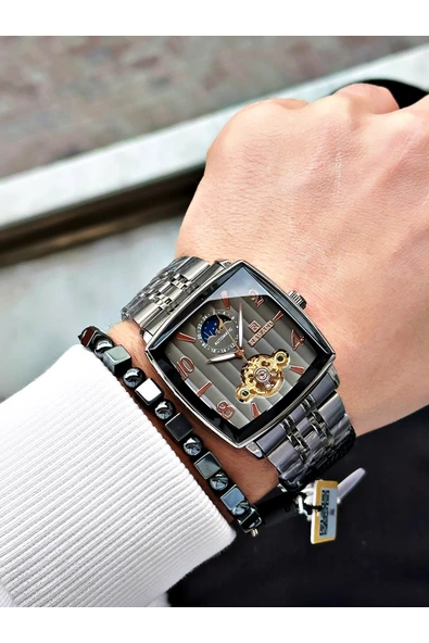 Reward Füme Renk Kare Mekanizma Otomatik Kurmalı Erkek Kol Saati + BİLEKLİK - Resim 5