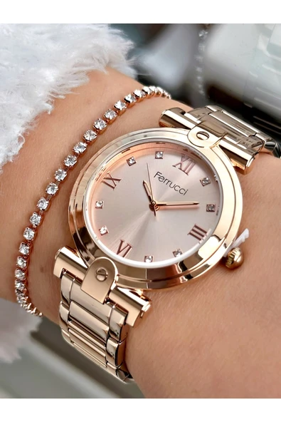 Ferrucci Rose Gold Renk Sade Model Roma Rakamlı Kadın Kol Saati + Bileklik Hediyeli ürün görseli 1