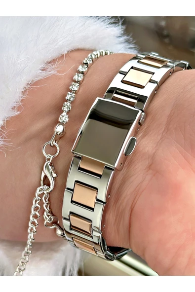 Ferrucci Gümüş Rose Renk Kare Model Taşlı Çelik Kordon Kadın Kol Saati + BİLEKLİK HEDİYELİ - Resim 4