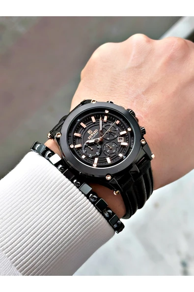 Reward Siyah Renk Deri Kordon Çelik Kasa Fonksiyonlu Erkek Kol Saati + BİLEKLİK - Resim 2