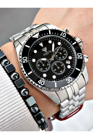 Fiesta Gümüş Renk Fonksiyonlu Çelik SK Mekanizma Çelik Erkek Kol Saati + BİLEKLİK - Resim 4