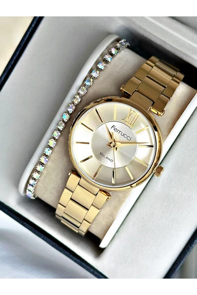 Ferrucci Altın Renk Aynalı Kristal Görünüm Cam Çelik Kordon Kadın Kol Saati + BİLEKLİK ürün görseli 1