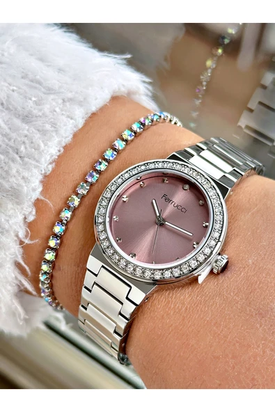 Ferrucci Gümüş Renk Taşlı Model Sade  Kadın Kol Saati + BİLEKLİK ürün görseli 1