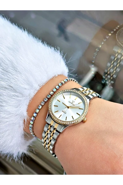Raymond Altın Gold Gümüş Renk Taşlı Model Klasik Kadın Kol Saati + BİLEKLİK - Resim 2