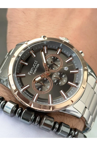 Ferrucci Gümüş Renk Çelik Kordon Fonksiyonlu Erkek Kol Saati Bileklik Hediyeli ürün görseli 1