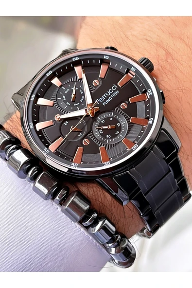 Ferrucci Siyah Renk Erkek Çelik Kordon Kol Saati Bileklik Hediyeli ürün görseli 1