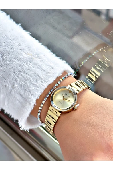 Ferrucci Altın Renk Klasik Model  Çelik Kordon Kadın Kol Saati + BİLEKLİK - Resim 2